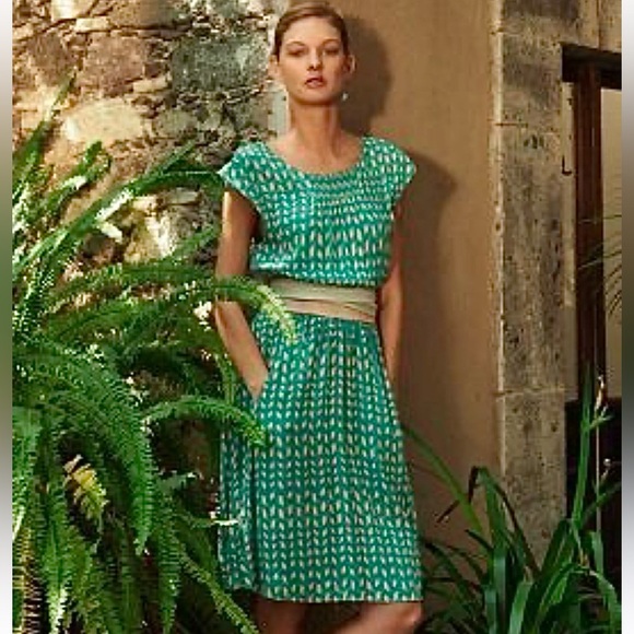 Anthropologie Maeve Evaline Dress Green Peach Chevron Pattern Smocking Sz M - Picture 2 of 13